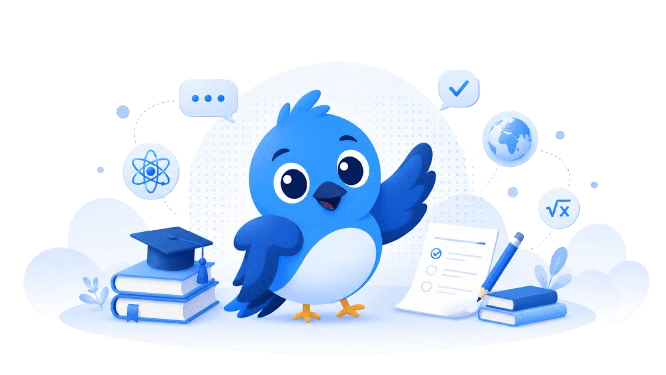 TutorPakar blue learning mascot with school and study icons