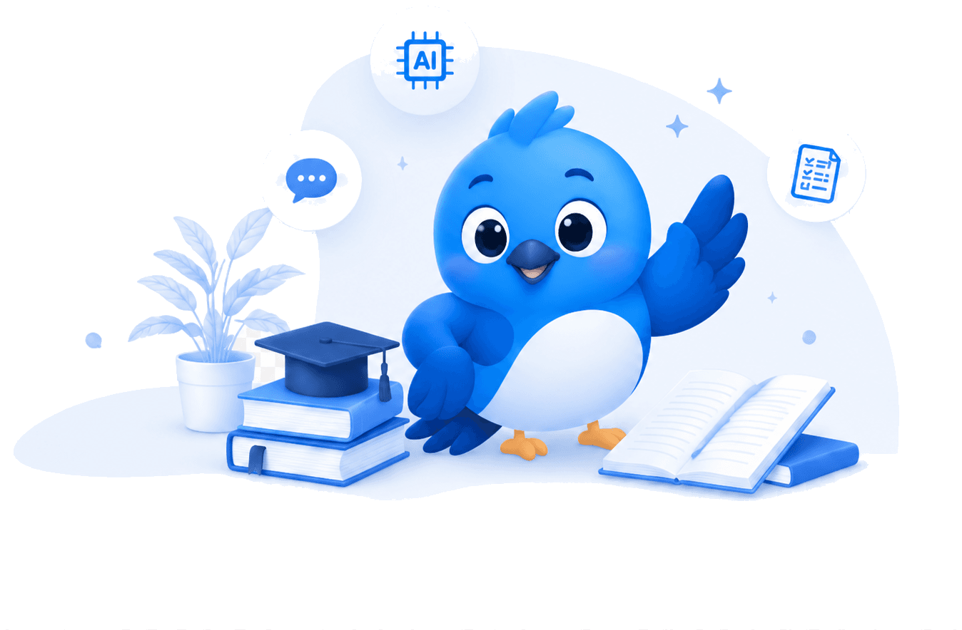 TutorPakar learning mascot with books and AI learning icons